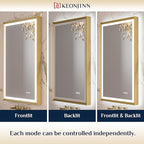 Keonjinn Gold LED Bathroom Mirror 24 x 36 Inch with Frontlit & Backlit, Lighted Mirrors Metal Framed for Wall, Stepless 3 Colors Lights, Anti Fog, Tempered Glass, Brighter and No Dark Corner