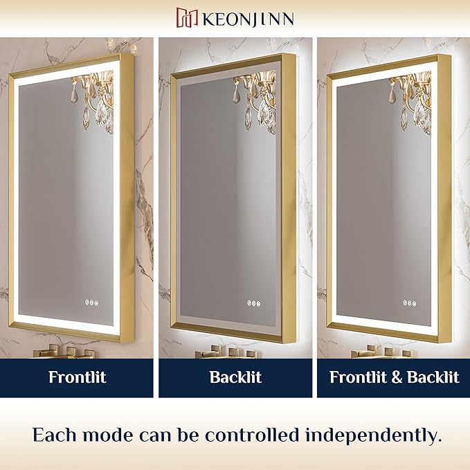 Keonjinn Gold LED Bathroom Mirror 24 x 36 Inch with Frontlit & Backlit, Lighted Mirrors Metal Framed for Wall, Stepless 3 Colors Lights, Anti Fog, Tempered Glass, Brighter and No Dark Corner