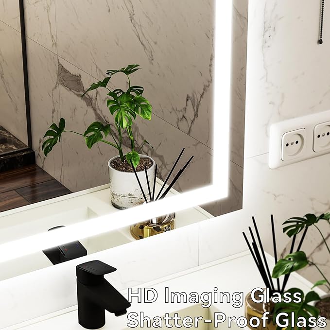 VooBang LED Wall Mounted Mirror with Lights, 40x30 inches Bathroom Mirror, Button to Adjust Lights, Three Lighting Modes, Tempered Glass with Anti-Fog Function, Suitable for Vanity and Bedroom, White