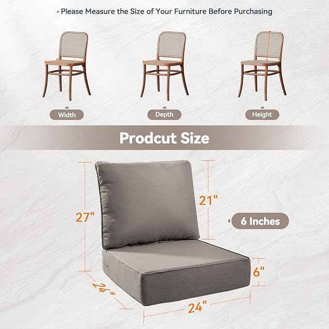 Luxury 6" Outdoor Cushions for Patio Furniture, 24x24x6" Thick Seat Cushion Set of 5, Fade Resistant Couch Chair Replacement Cushions High Density Deep Wicker Chair Cushion w/ Removable Cover Gray