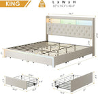 King LED Bed Frame with Storage Headboard & Charging Station, Velvet Fabric Platform Bed Frames with 4 Drawers, Button Tufted Upholstered, No Box Spring Needed, Beige