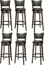 PrimeZone Swivel Bar Stools Set of 6, 34 Inch Extra Tall Bar Height Barstools, Black Faux Leather Bar Stool with High Backrest, Solid Wood Leg, Wrap-Around Footrest, Counter Stools for Pub