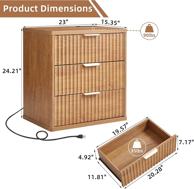 LEYAOYAO 23" Wide Fluted Night Stand with Charging Station, 3 Drawers Large End Table with Storage, Brown Nightstand Wood Bedside Tables, Farmhouse Cabinet Dresser for Bedroom, Living Room,Closet