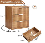 LEYAOYAO 23" Wide Fluted Farmhouse Night Stand Set of 2 with Charging Station, 3 Drawers Large End Table w/Metal Handle, Brown Nightstand Bedside Table,Wood Dresser for Bedroom, Closet