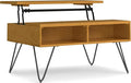 SIMPLIHOME Hunter Small Lift Top Coffee Table - 36 inch Wide Solid Oak Veneer and Metal Industrial Cocktail Table in Oak, Living Room Table with Hidden Storage, 2 Cubbies, and Hairpin Legs