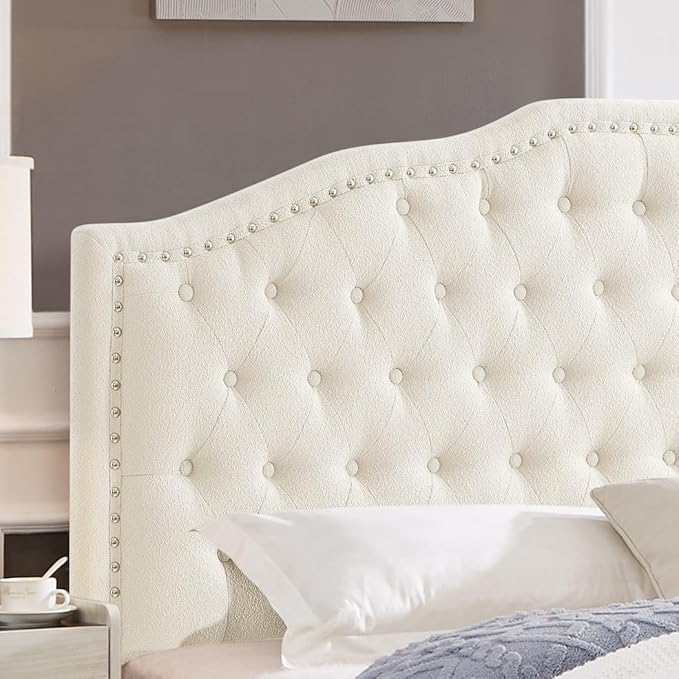 24KF Upholstered Button Tufted Queen Headboard with Nailhead Trim, Elegant Boucle Fabric Full headboard, 6031-Q-Boucle-Ivory