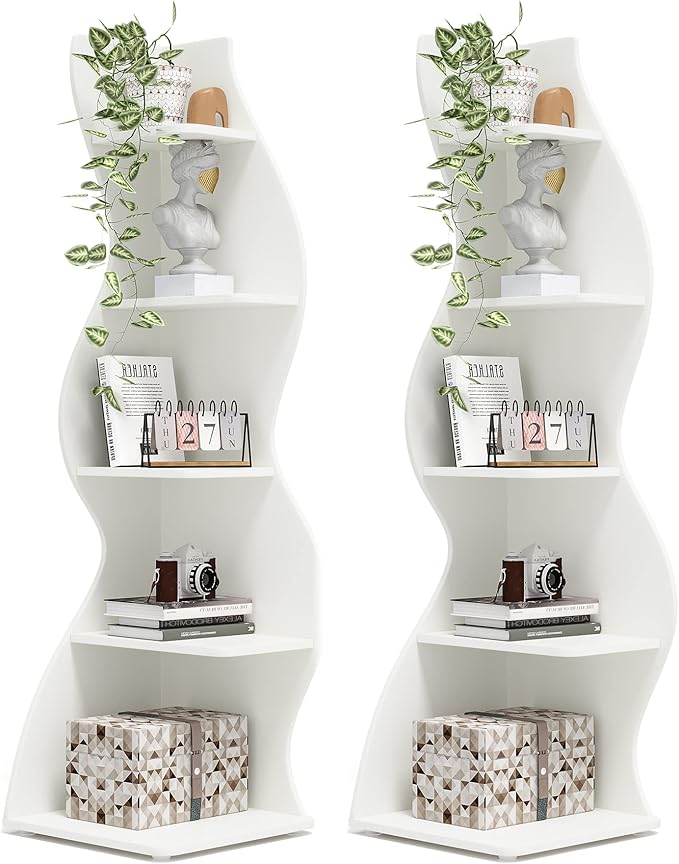 Tribesigns Corner Shelf, Modern 5-Tier Wall Corner Bookshelf Set of Two, Stylish Corner Small Bookcase Storage Rack Plant Stand for Living Room, Home Office, Kitchen, Small Space White, 2PCS