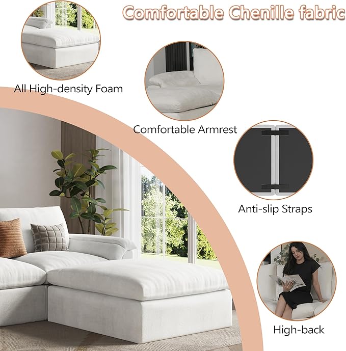 EASE MOOSE Boneless Modular Cloud Couch, Oversized L-Shaped Sectional Sofa for Living Room, Extra Large Movable Couches, 6-Deep-Seat Movable Sofas for Bedroom, Apartment, Chenille (White)