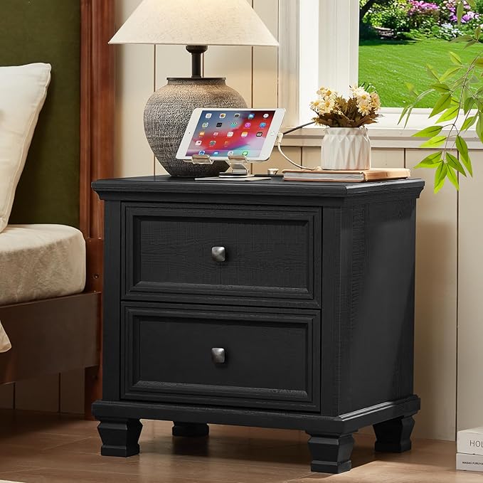 Farmhouse Nightstand with Charging Station, Rustic Low Night Stand with 2 Drawers, Mid-Century Modern End Table with 4 Square Solid Wood Legs, Small Dresser for Bedroom, Home, Black