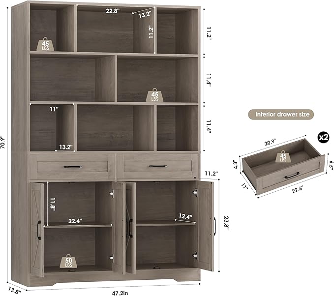 HOSTACK 71" Tall Bookcase with Drawers and Doors, 47" Wide Book Shelf and Bookcase with Storage, 6 Tier Large Book Storage Cabinet with 14" Deep Display Shelves for Living Room, Home Office, Ash Grey