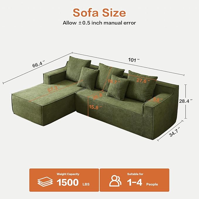 101" Boneless Couches for Living Room, Fully Memory Foam Sofa with Deep Seat, L Shape Sectional Couch Velvet Fabric, Compressed Sofa in a Box,No Assembly Required (Green)