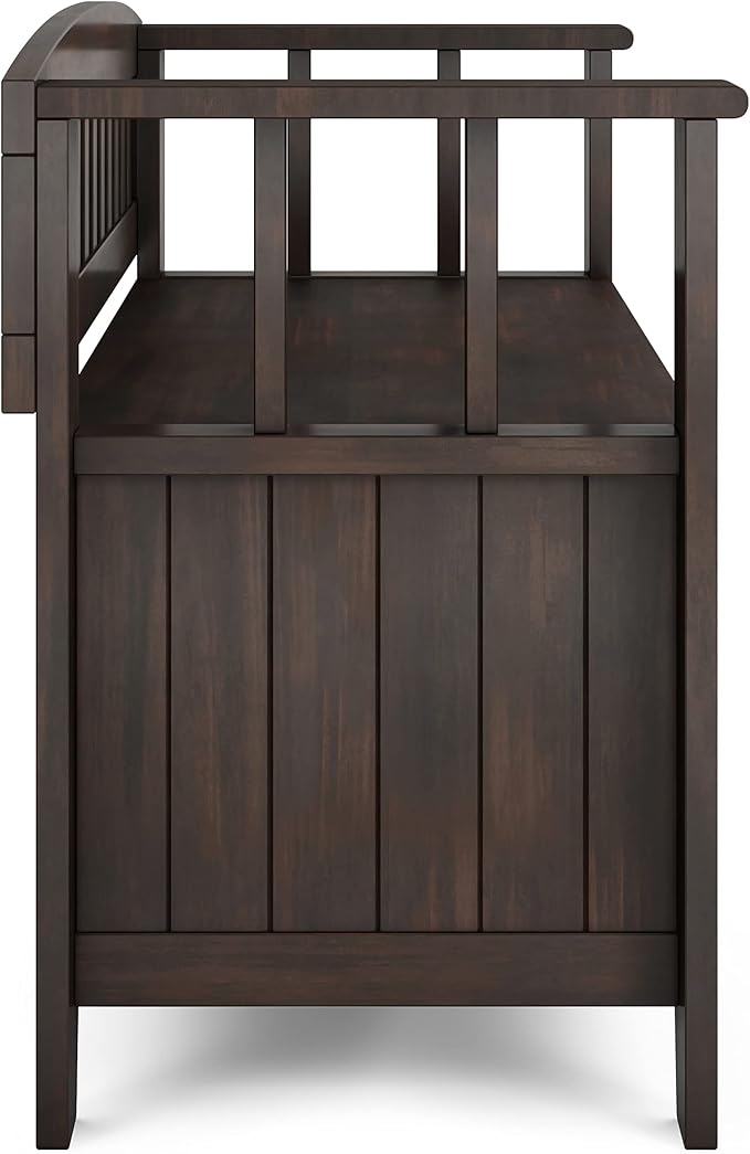 SIMPLIHOME Acadian Entryway Storage Bench - 36 inch Wide Solid Wood Small Hallway Seat in Brunette Brown, Transitional Bench for Mudroom with Lift-Up Lid, 2 Compartments and Slatted Backrest
