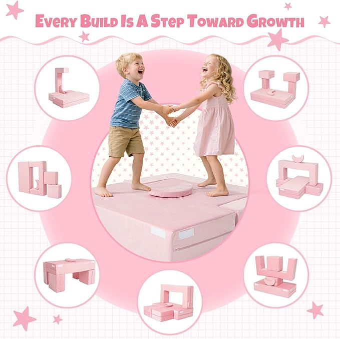 5 Pcs Modular Kids Play Couch, Toddler Couches That Fold Out, Plush Foam Chair for Children’s Playroom, Velvet Fabric Convertible Foam and Floor Cushion for Boys and Girls (Pink,02)