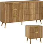 LYNSOM Fluted Dresser and Nightstand Sets 2 Piece, 2-Drawer Nightstands and 6-Drawers Dresser, Wood Bedroom Furniture Set for Home, Bedroom, Hallway, Natural Oak