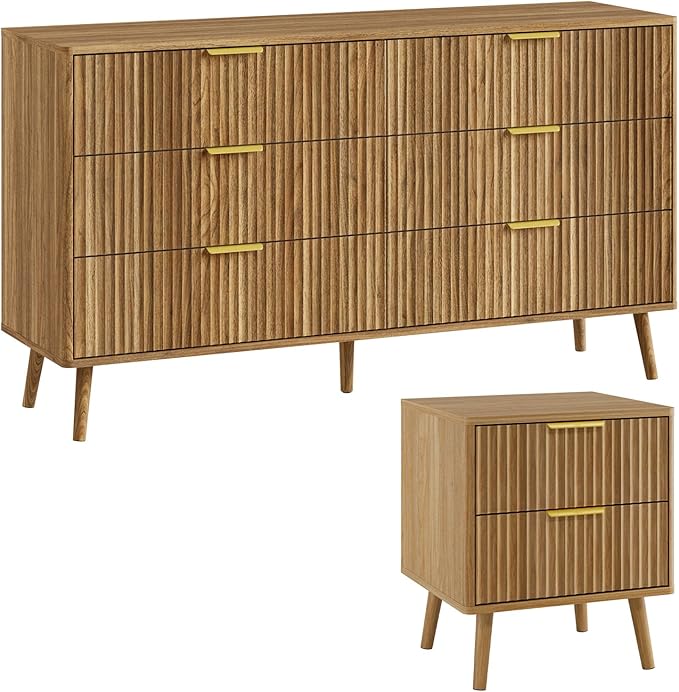 LYNSOM Fluted Dresser and Nightstand Sets 2 Piece, 2-Drawer Nightstands and 6-Drawers Dresser, Wood Bedroom Furniture Set for Home, Bedroom, Hallway, Natural Oak