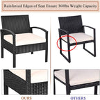 COSTWAY Rattan Patio Furniture Set 3 Pieces, Wicker Conversation Set with Tempered Glass Coffee Table, Seat Cushions, Outdoor Chair Wicker Sofa for Backyard Balcony Porch Poolside, White