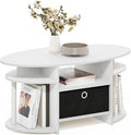 Furinno Jaya Coffee Table, Oval Modern Coffee Table with Shelves and Storage Bin, Side Table, for Living Room, Bedroom, Home Office, White