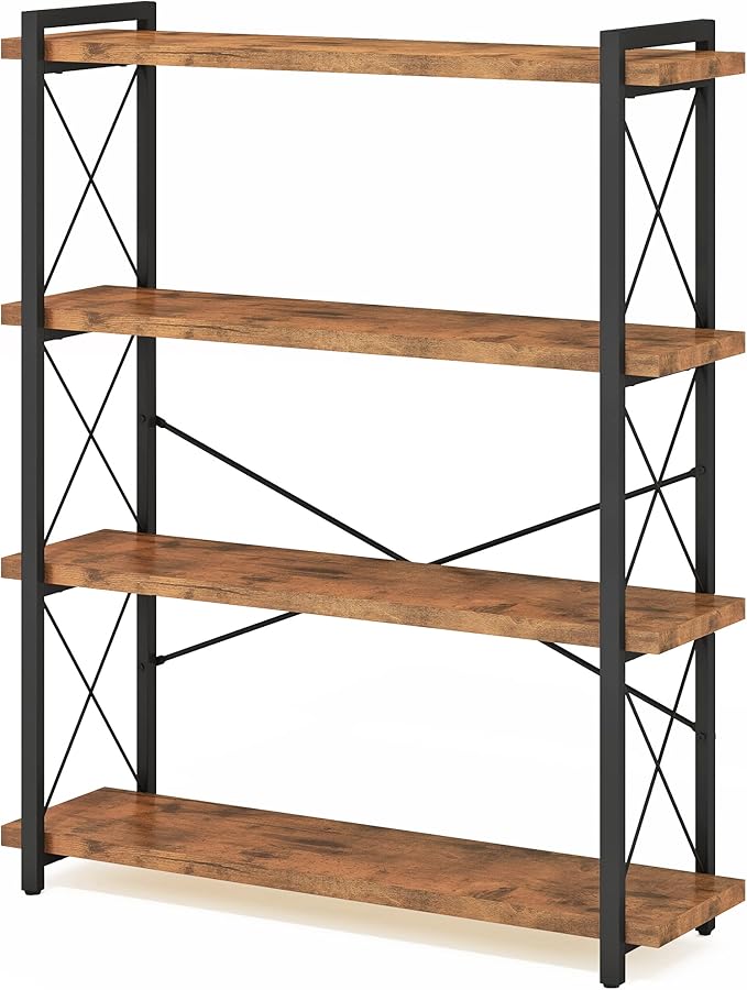 HCHQHS Bookshelf, 4-Tier Industrial Bookcase, Rustic Open Book Shelf, Freestanding Tall Bookshelves with Metal Frame
