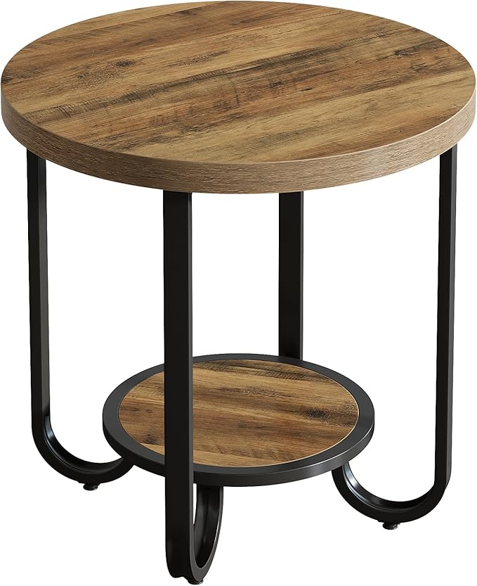Tribesigns Round End Table with 2-Tier Storage Shelf, Industrial Side Table with Curved Metal Legs, Wood-Grain Accent Coffee Side Stand, Small Nightstand for Living Room, Bedroom, Office, Bathroom