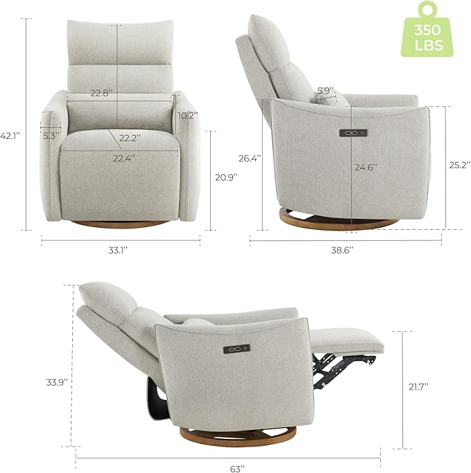 CHITA Swivel Rocker Recliner Chair, Power Nursery Glider Recliner, Nursery Rocking Chair with Adjustable Power Headrest, FSC Certified, Solid Wood Base, Crockery (Gray)