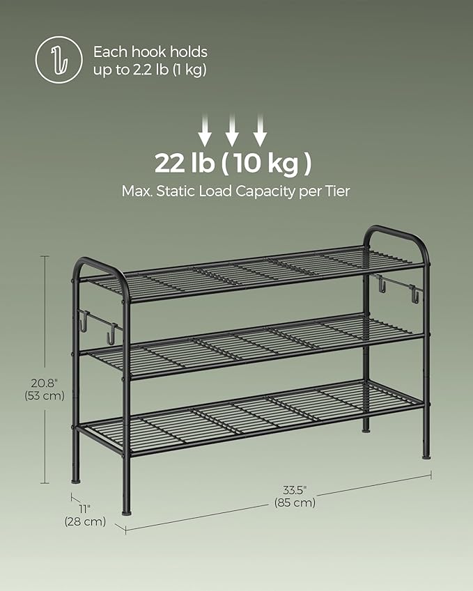 SONGMICS Shoe Rack, 3-Tier Shoe Organizer, Metal Shoe Shelf Storage with 4 Side Hooks, Holds 15 Pairs of Shoes, Height-Adjustable Shoe Rack for Entryway, Hallway, Closet, Easy Assembly, Ink Black