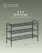 SONGMICS Shoe Rack, 3-Tier Shoe Organizer, Metal Shoe Shelf Storage with 4 Side Hooks, Holds 15 Pairs of Shoes, Height-Adjustable Shoe Rack for Entryway, Hallway, Closet, Easy Assembly, Ink Black