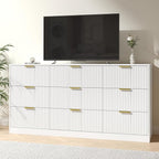 White Dresser for Bedroom with 9 Drawers, 63” Wide White Fluted Dresser Modern Chest of Drawers with Gold Handles, Wooden TV Stand Storage Organizer for Bedroom, Living Room