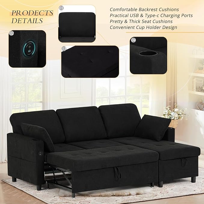 84" Sectional Pull Out Sofa Bed with Adjustable Backrests, L-Shaped Sleeper Sofa with USB Ports, Upholstered Reversible Couch with Cup Holder & Storage Space for Living Room, House, Black