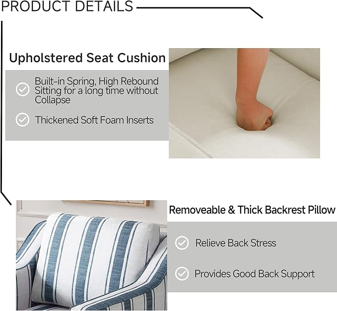UIXE Swivel Accent Chair, Stripe Fabric Upholstered Arm Chair for Living Room, Modern Club Armchair Comfy Single Sofa Bedroom Reading Seat with Lumbar Pillow - Navy Blue
