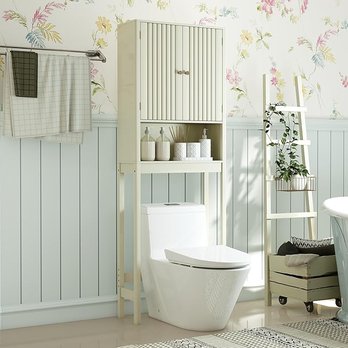 Tangkula Over The Toilet Storage Cabinet, Bathroom Space Saver with Fluted Doors Adjustable Shelf & Bottom Bar, Freestanding Above Toilet Storage Cabinet Organizer for Laundry, Restroom (Cream White)