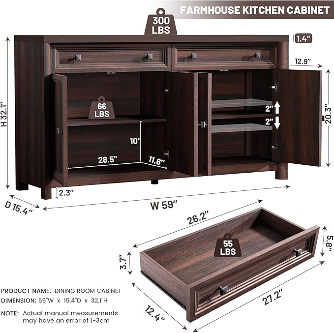 59" Large Buffet Cabinet with Storage, Farmhouse Walnut Sideboard Coffee Bar with 4 Doors & Adjustable Shelves, Wood Credenza Accent Coffee Bar Console Table for Living Room Hallway