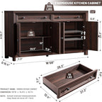 59" Large Buffet Cabinet with Storage, Farmhouse Walnut Sideboard Coffee Bar with 4 Doors & Adjustable Shelves, Wood Credenza Accent Coffee Bar Console Table for Living Room Hallway
