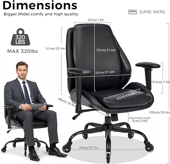 BEWISHOME Home Office Desk Chair, Black Leather Executive Chair with Adjustable Armrests, Computer Chair with Lumbar Support, 360° Swivel Ergonomic Rolling Chair for Adults, Up to 320lbs，BBY02B