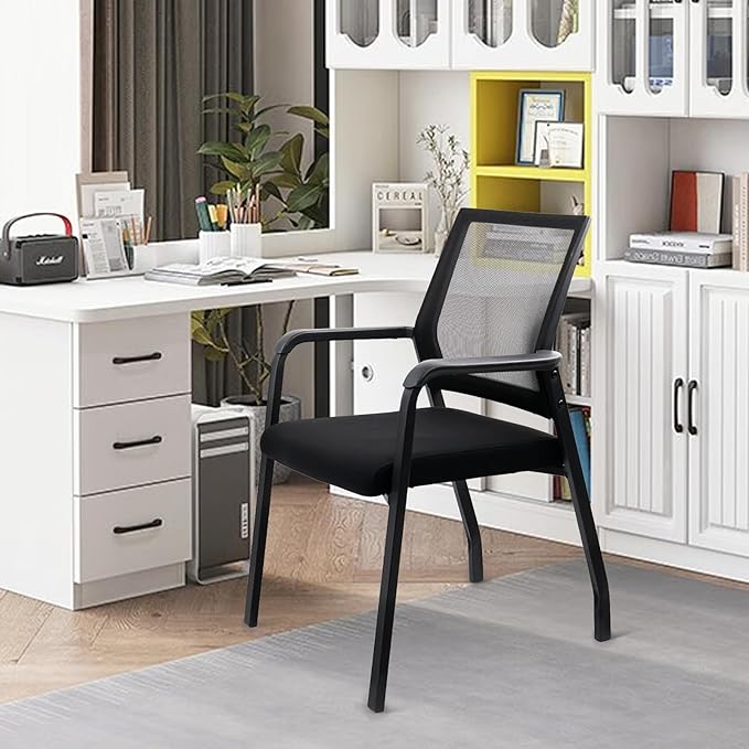 Ergonomic Mesh Guest Chair – No Wheels, Lumbar Support Design, Thick Cushion & Padded Arms – for Office Reception, School, Church Waiting Rooms, Lobby – Black