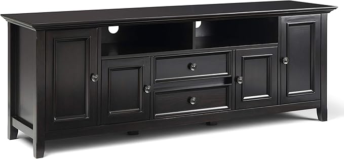 SIMPLIHOME Amherst 72-inch Wide Solid Wood TV Stand in Hickory Brown, Transitional-Style Media Console for Living Room with Cable Management and Adjustable Shelves, Fits 80" TVs