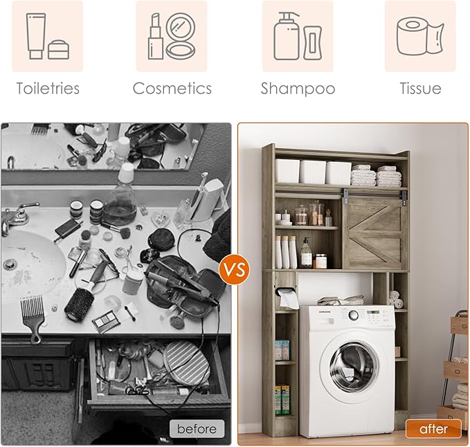 Over The Toilet Storage Cabinet, 32.5'' Wide Bathroom Storage Cabinet with Sliding Barn Door, Freestanding Over Toilet Storage Shelf, Grey