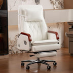 Kinnls Cameron Massage Chair Genuine Leather with Heated Ventilation, Managerial Executive Home Office Chair Fully Reclining with Retractable Footrest and Adjustable Headrest (Cowhide Leather-White)