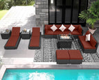 NICESOUL 13 Piece Wicker Patio Set with Chaise Lounge, XL Size 10-Seaters Outdoor Sectional Furniture with Long Firepit Suitable for Natural Gas/Propane, All Weather Heavy Duty Outside Sofas, Grey&Red