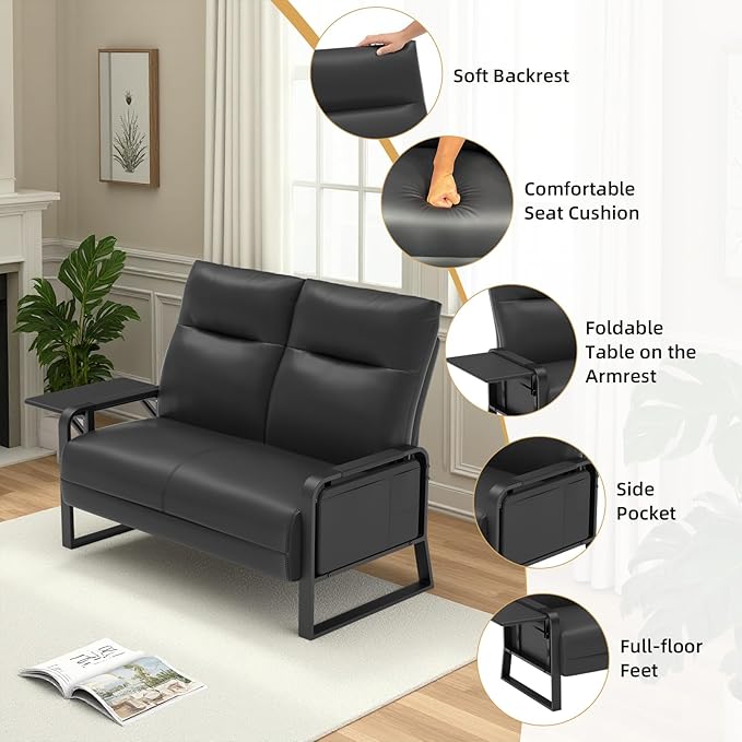 Faux Leather Loveseat Couch for Living Room Bedroom Office, Small Sofa 2 Seater Couch with Flip Up Tray Table Side Pockets Leather Loveseats, Black