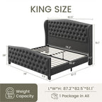 LARMACE King Size Bed Frame Velvet Upholstered Platform Bed with Wingback Headboard & Footbaord, Deep Button Tufted Bed Frame with Wood Slats Support, No Box Spring Needed, Grey