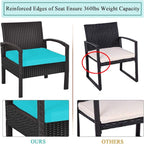 COSTWAY Rattan Patio Furniture Set 3 Pieces, Wicker Conversation Set with Tempered Glass Coffee Table, Seat Cushions, Outdoor Chair Wicker Sofa for Backyard Balcony Porch Poolside, Turquoise
