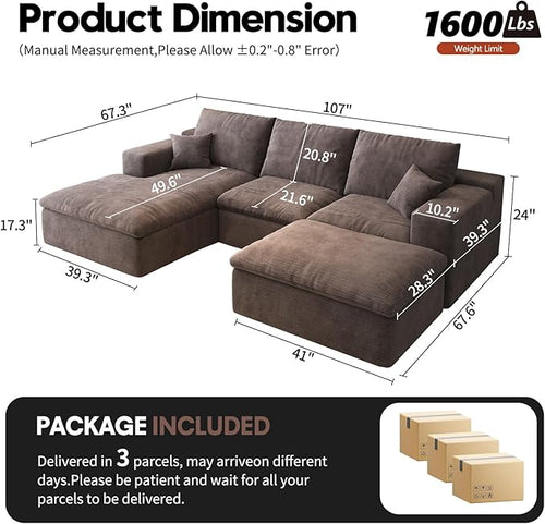 107'' U-Shaped Modern Modular Sectional Cloud Couch Whit Ottoman, 4-Seat Chenille Deep-Seat Sofa with Pillow for Living Room, Bedroom, Apartment, Camel