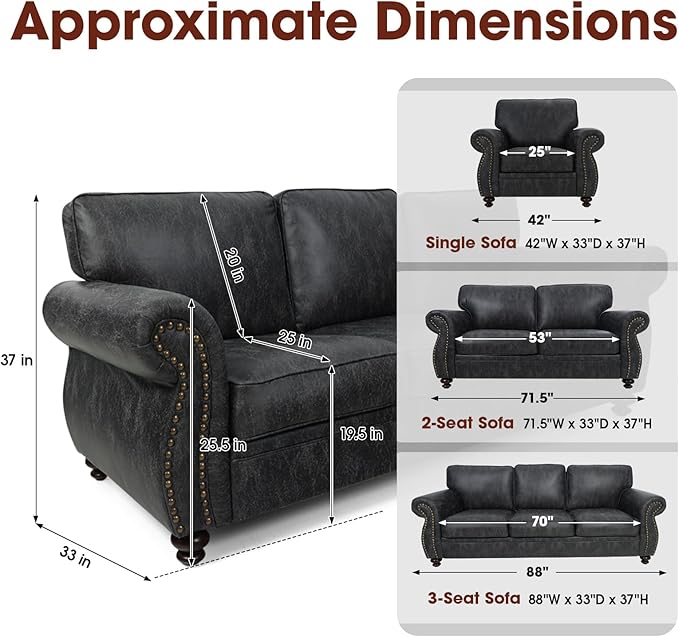Living Room Furniture Sets,Sofa Sets and Couch Sets for Living Room,Mid-Century Vintage Sofa Couches with Rivet Design (Grey, Single+3 Seater)
