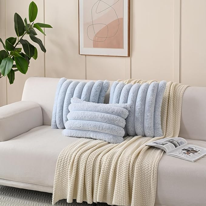 FUTEI Light Blue Decorative Throw Pillow Covers 18x18 Inch Set of 2, Square Soft Faux Rabbit Fur Thick Striped Cushion Cover,Winter Home Decor for Couch Bed Living Room