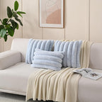 FUTEI Light Blue Decorative Throw Pillow Covers 18x18 Inch Set of 2, Square Soft Faux Rabbit Fur Thick Striped Cushion Cover,Winter Home Decor for Couch Bed Living Room