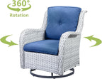 HUMMUH 3-Piece Swivel Rocking Rattan Chair Outdoor,Patio Bistro Furniture Conversation Set,Wicker Chair with Glass Side Table(Light Grey,Blue)