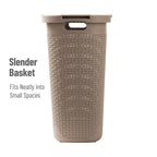 Mind Reader Slim Laundry Hamper with Lid, 60L Clothes Basket, Premium Wicker Design, Plastic, Tan
