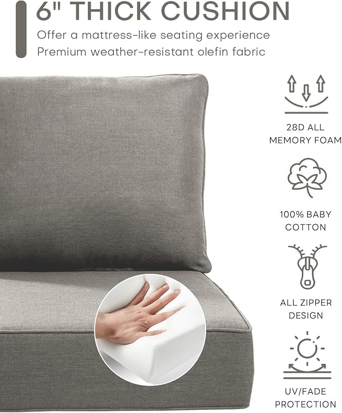 Luxury 24x24x6 Inch Outdoor Seat Cushions - Set of 2 Water Resistant Patio Chair Comfortable Cushion for Porch Set Rattan Dining Rocker Glider Chairs Loveseat Couch Sectional Sofa - Grey
