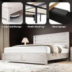 AMERLIFE Farmhouse King Size Bed Frame with 49" Fluted Headboard, Wood Platform Bed with Natural Wood Grain, No Box Spring Needed/Noise Free, Distressed White