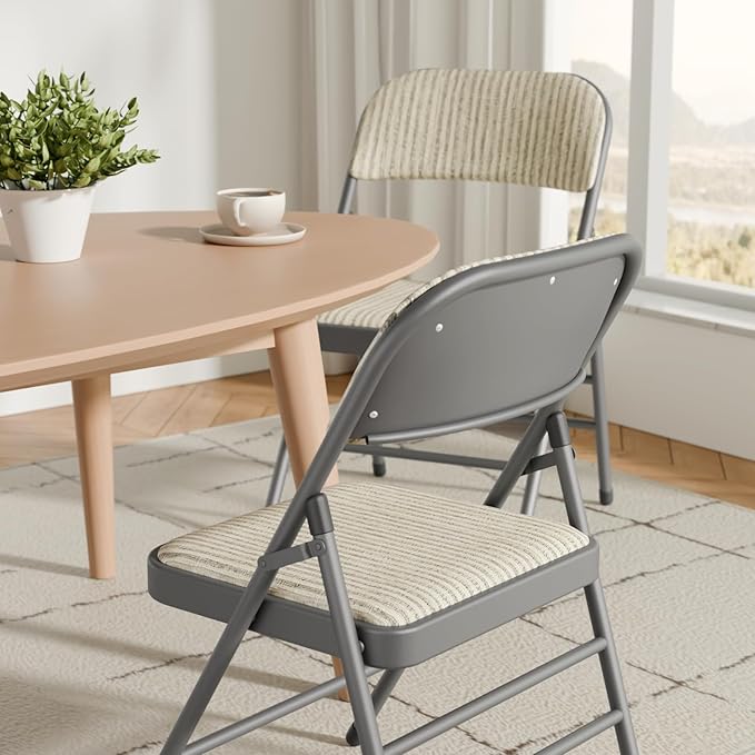 6 Pack Folding Chairs Fabric Dining Chair Set with Padded Cushion and Back, Indoor Outdoor Foldable Seat with Steel Frame for Home Office Events Wedding Party, Oatmeal Strip Seating